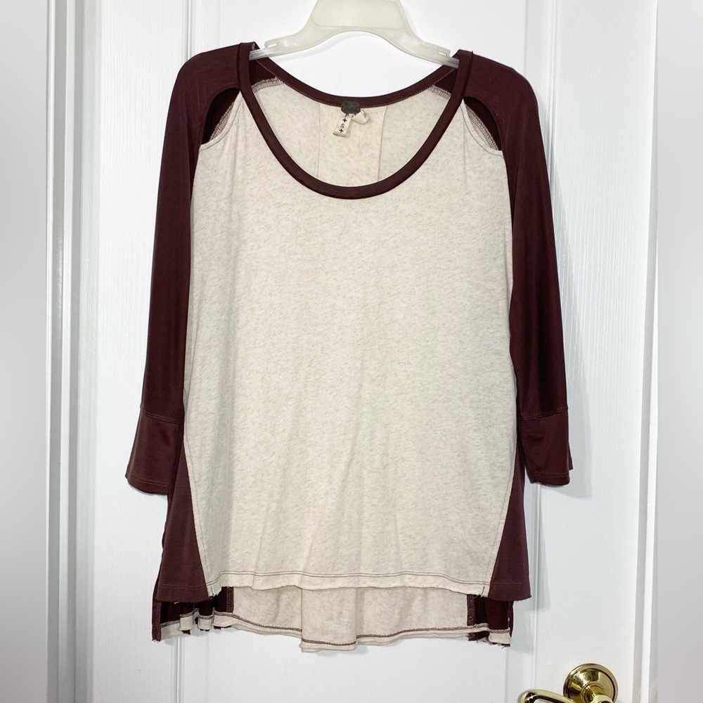 We The Free Cutout Shoulder Two Tone Mixed Media Top Cream Burgundy Size Small